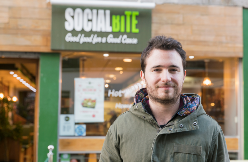 Josh outside the original Social Bite cafe on Rose Street, Edinburgh
